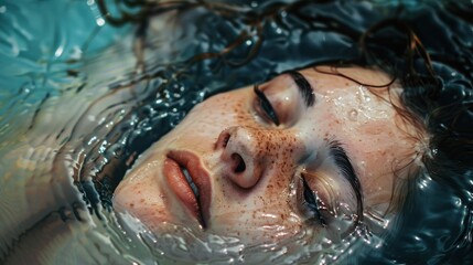 Close Up Beauty Woman's Face Floating in a Pool