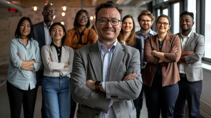 Fototapeta premium Diverse group of business people team standing in an office, smiling and looking at the camera with arms crossed. A man posing as the leader is in the center posing for a portrait