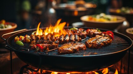 Close-up of bbq grill with blurred background of backyard party, summer cookout concept