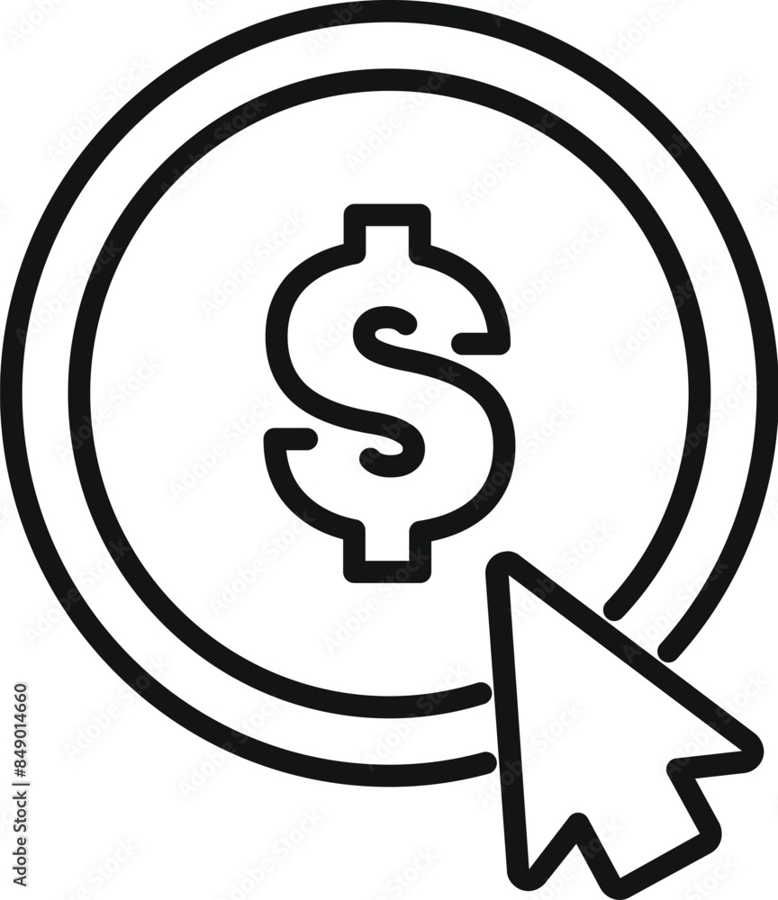 Poster black outline icon of a mouse cursor clicking a dollar symbol inside a circle representing online pa