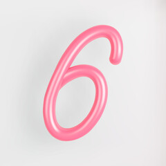 3D Pink Script Number 6 on light background. Cute Cursive Bubble typography symbol vector illustration.