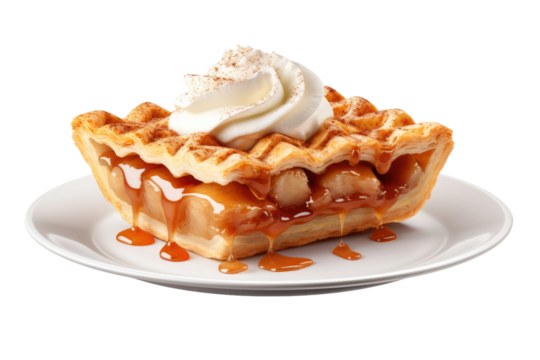 Heavenly Delight: Caramel Drizzled Pie on a White Plate on a Clear PNG or White Background.