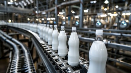 factory, production line, conveyor belt, dairy, milk, bottle, plastic, beverage, food, manufacturing, industry, liquid, container, automated, assembly line, processing, bottling, carton, commercial, m