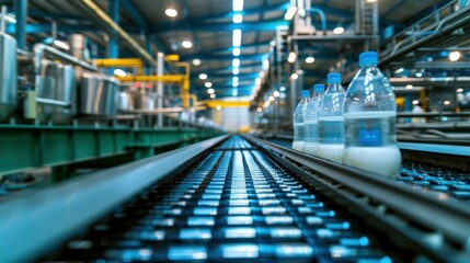 Naklejka premium factory, production line, conveyor belt, dairy, milk, bottle, plastic, beverage, food, manufacturing, industry, liquid, container, automated, assembly line, processing, bottling, carton, commercial, m