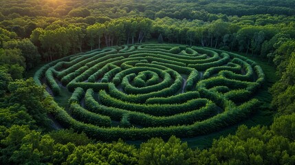 Naklejka premium Aerial view of a large green maze in a forest, with the sun setting in the background.