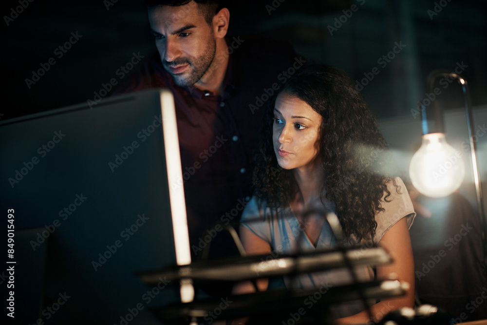 Leinwandbilder Business people, teamwork and support at night on computer with planning and problem solving in dark. Programmer, developer and leader for project training, solution and check intern progress in dark