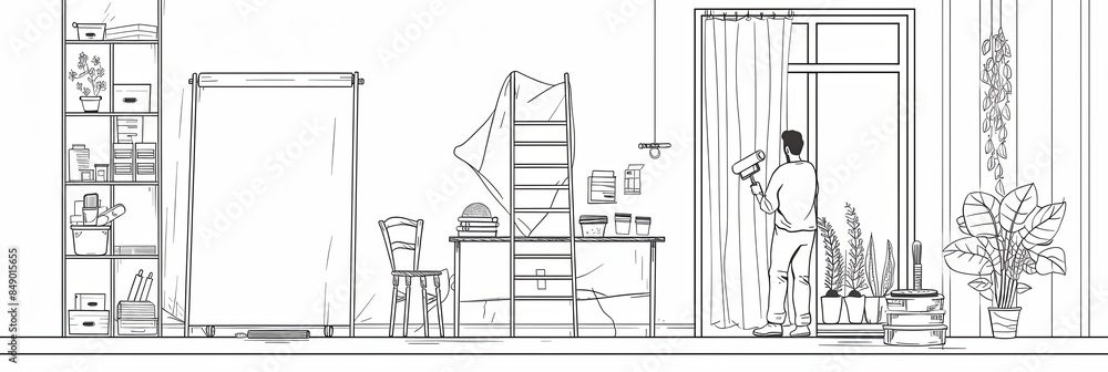 Poster continuous line drawing of a painter using a roller to paint a wall in a room. generative ai