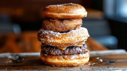 A delicious donut burger, with a juicy patty sandwiched between two glazed donuts instead of buns.