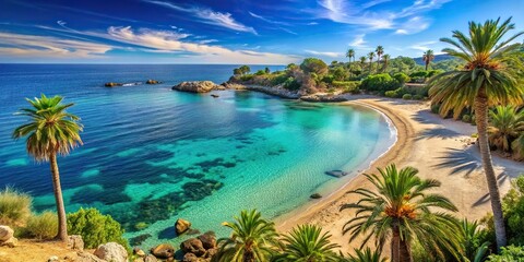 Mediterranean coast with sandy beaches, crystal clear sea, and lush palm trees, Mediterranean, coast, sea, palm trees