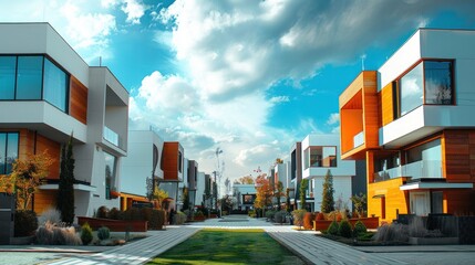 Obraz premium Futuristic urban living: geometric cubic shaped modern houses creating a visually striking and contemporary architectural landscape