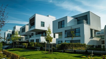 Futuristic urban living: geometric cubic shaped modern houses creating a visually striking and contemporary architectural landscape