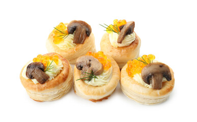Delicious puff pastry with cream cheese, red caviar, mushrooms and dill isolated on white
