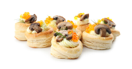 Delicious puff pastry with cream cheese, red caviar, mushrooms and dill isolated on white