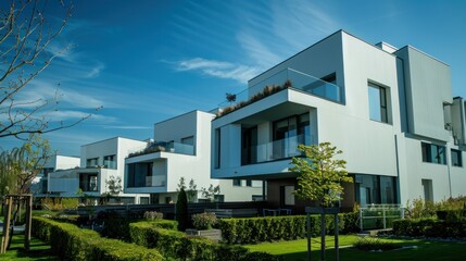 Fototapeta premium Futuristic urban living: geometric cubic shaped modern houses creating a visually striking and contemporary architectural landscape