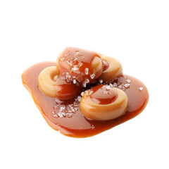 Yummy candies with caramel sauce and sea salt isolated on white