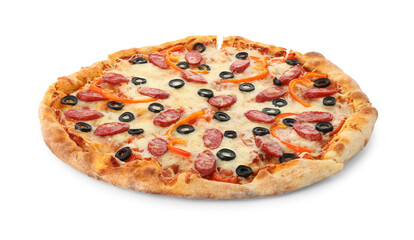 Tasty pizza with cheese, dry smoked sausages, olives and pepper isolated on white