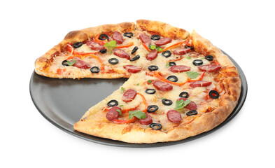 Tasty pizza with dry smoked sausages, olives, pepper and cheese isolated on white