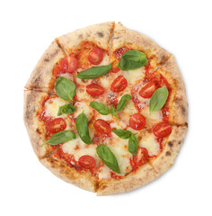 Delicious Margherita pizza isolated on white, top view