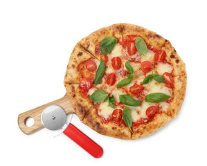 Delicious Margherita pizza and cutter isolated on white, top view