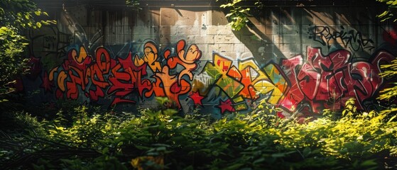 Graffiti in an urban park setting with lush greenery