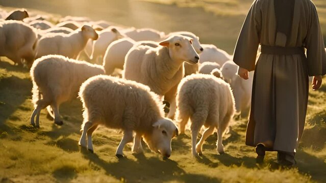 Shepherd Leading Flock at Sunset Generative AI