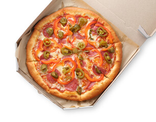 Delicious pizza Diablo in cardboard box isolated on white, top view