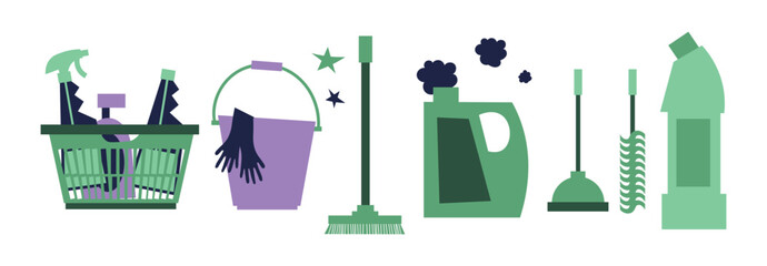 Vector trendy doodle cleaning icon set, clip art. Vacuum cleaner, protective gloves, plunger, spray bottle, squeegee, sponge, bucket, mop, brush, duster and many more. 
