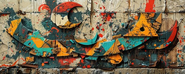 Fototapeta premium Graffiti letters and characters on a dilapidated building, rich textures and vibrant colors, capturing the essence of street art