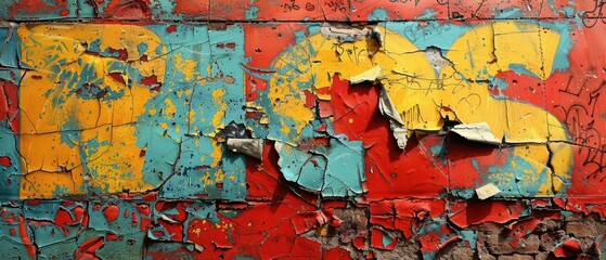Fototapeta premium Graffiti letters and characters on a dilapidated building, rich textures and vibrant colors, capturing the essence of street art