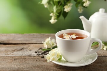 Aromatic jasmine tea in cup, flowers, dry leaves and teapot on wooden table outdoors, space for text