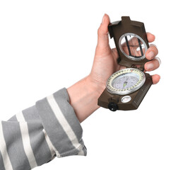 Woman holding compass on white background, closeup