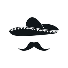 Mexican Sombrero hat cartoon illustration with mustache. Black icon, Cinco De Mayo symbol on white background.