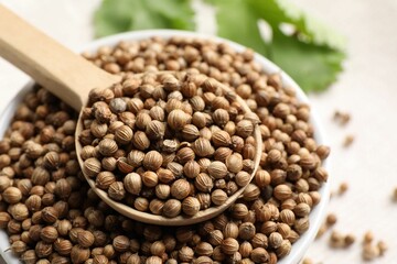 Dried coriander seeds in bowl and spoon on light table, closeup