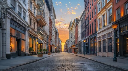 Empty street in a historic city at sunrise