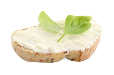 Piece of bread with cream cheese and basil leaves isolated on white