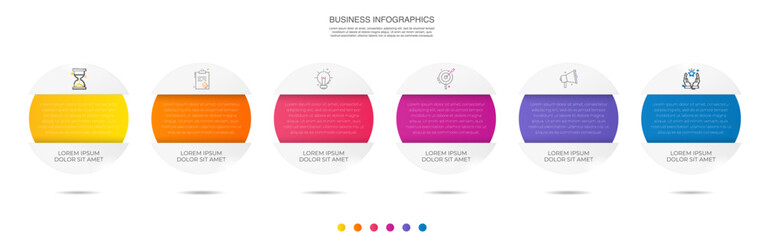 Vector infographics six circles. Business concept of 6 steps, options. Infographic template for diagram, business, web, banner, presentations, flowchart, content, levels, chart