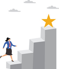 Obraz premium Journey to achieve hope of success in business, hope of career development progress, growing journey to achieve business success, businesswoman running up stairs to reach star