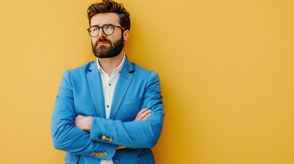 Fototapeta premium Man in modern outfit with hipster glasses and blue suit, creative animal billboard, pastel yellow background with copyright space.