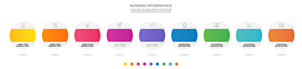 Modern and simple line vector illustration. Infographic template with nine circles, elements and percentages. Designed for business, presentations, timeline, interface 9 step diagrams