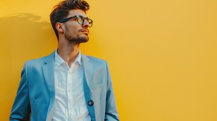 Fototapeta premium Man in modern outfit with hipster glasses and blue suit, creative animal billboard, pastel yellow background with copyright space.