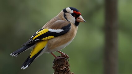 Naklejka premium An American Goldfinch perched in a tree with a green background.