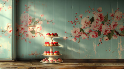 A four-tier plate with small cakes stands against a wooden wall painted with roses. Copy space. High quality photo