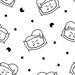 Funny kawaii sushi with cute faces. Seamless pattern. Coloring Page. Japanese traditional cuisine dishes characters. Hand drawn style. Vector drawing. Design ornaments.