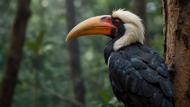 Close-up of Rangkong or Julang Emas, also known as Wreathed Hornbill (Rhyticeros undulatus).