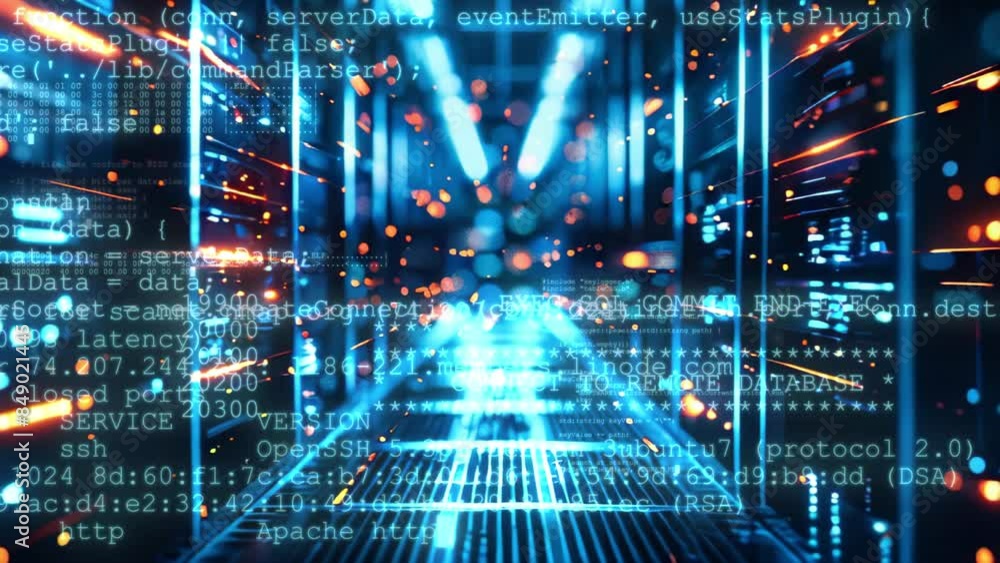 Poster data center with a row of computer servers. abstract generic concept of cyberspace, communication an