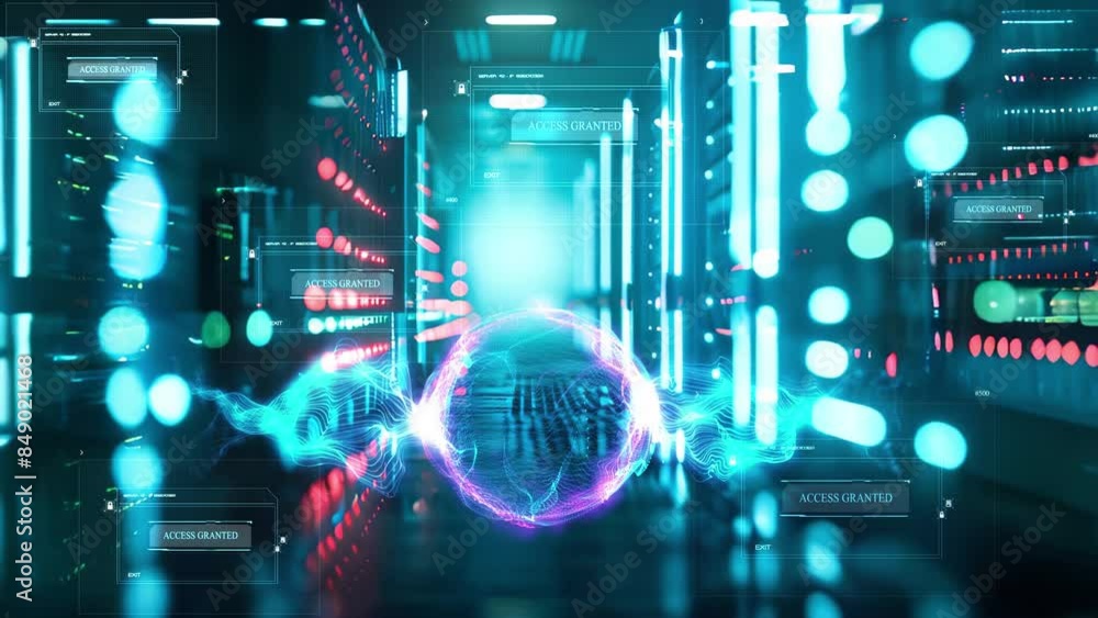 Poster data center with a row of computer servers. abstract generic concept of cyberspace, communication an