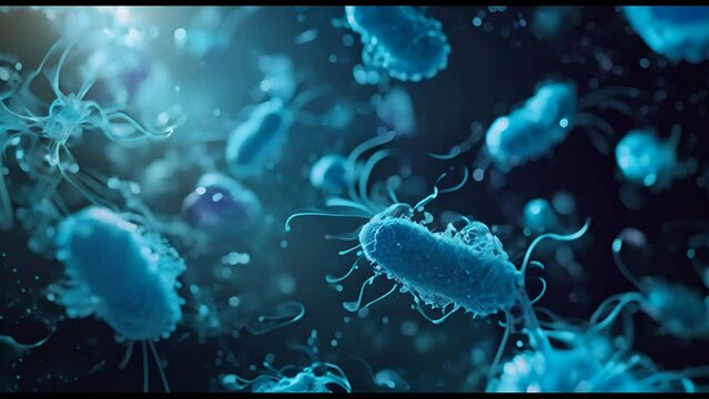 A close up of a bunch of blue bacteria. The bacteria are in a blue color and are spread out in the image
