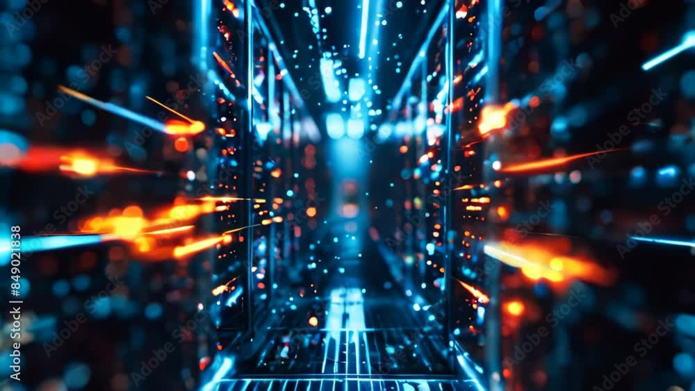 Poster data center with a row of computer servers. abstract generic concept of cyberspace, communication an