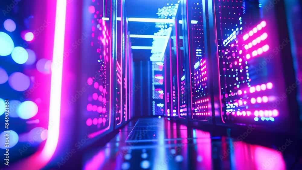 Poster data center with a row of computer servers. abstract generic concept of cyberspace, communication an