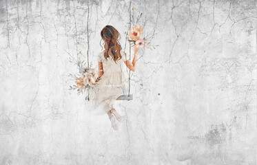 Woman on a swing with a bouquets of flowers. Minimalist illustration for wallpaper, poster, card, decoration. Mural.